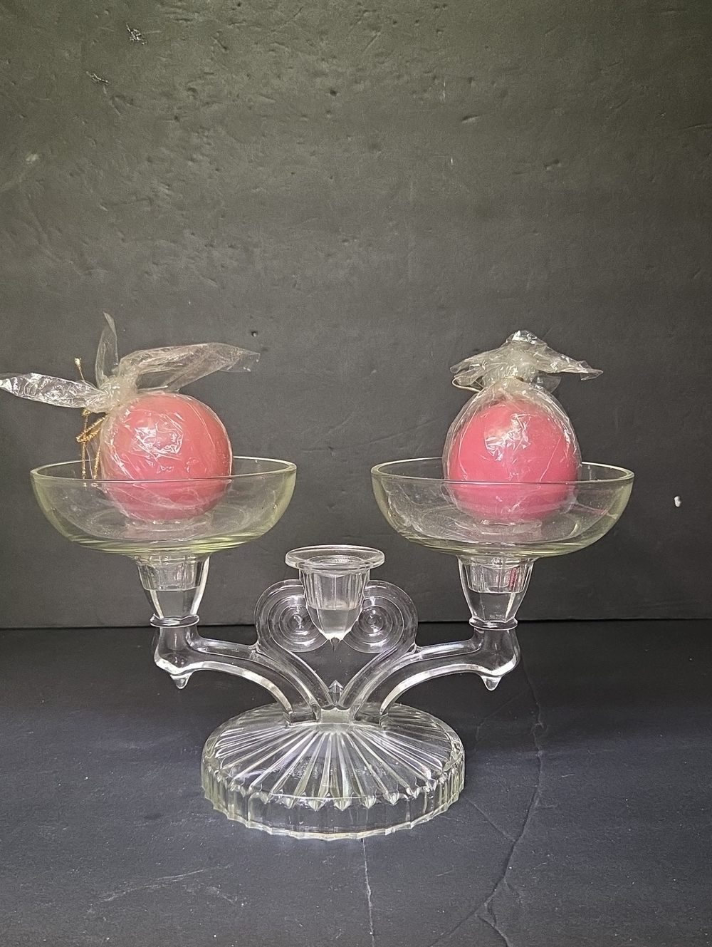 Vintage Jeannette Glass COSMOS Triple Candle Candlestick Clear Glass Candelabras